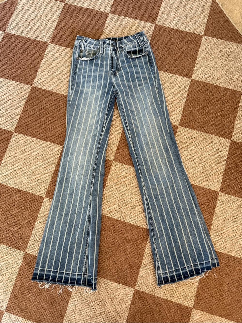 Rock & Roll Denim High Rise Trouser Jeans 24x32 Striped Flare Raw Hem Western